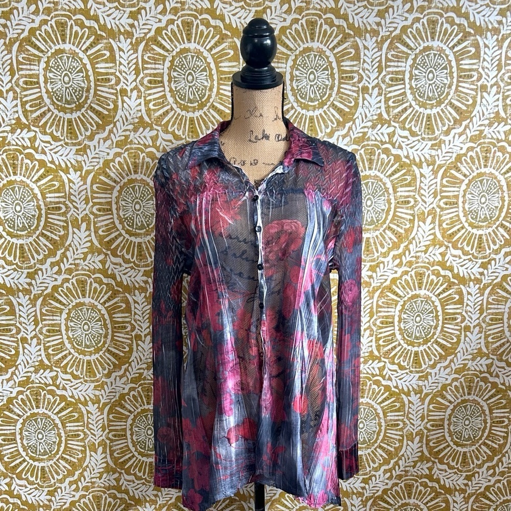 Komarov Charmeuse Crinkle Chiffon Floral Rose Print Button Front Blouse size L